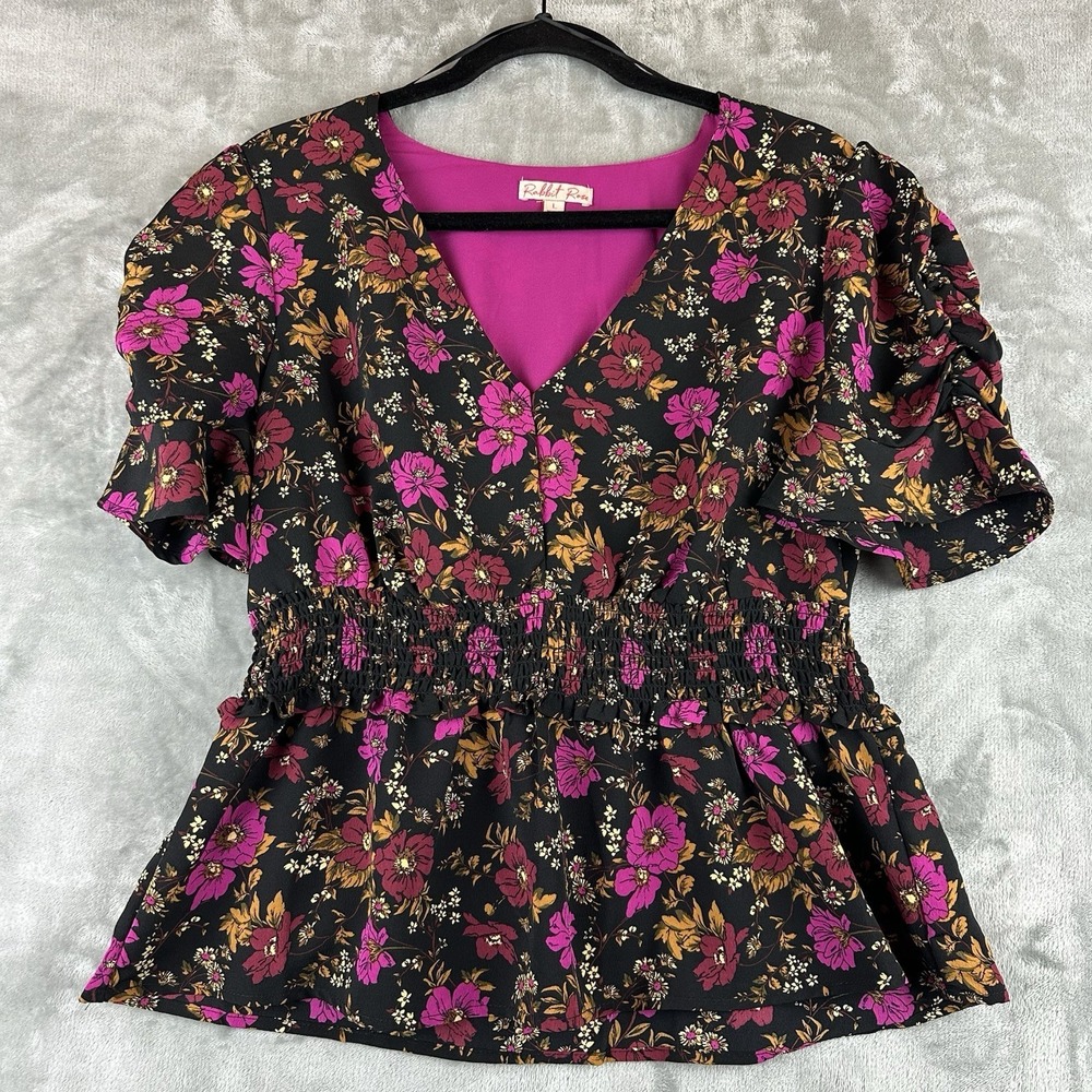 Rabbit Rose Blouse Top Women's L Black Pink Magenta V-Neck Smocked Waist